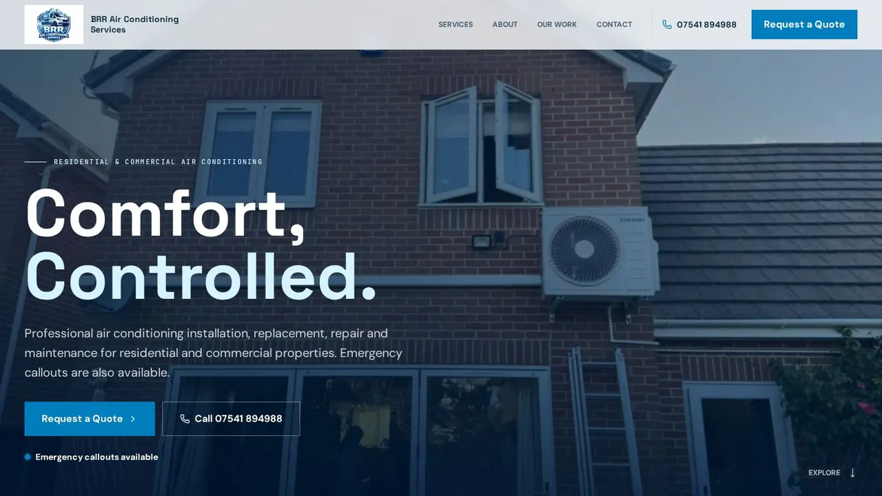 Homepage of the BRR Air Conditioning Services website on desktop