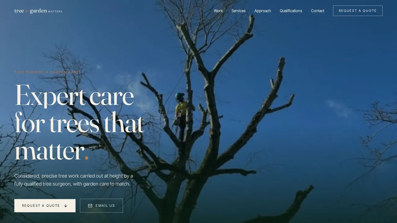 Homepage of the Tree & Garden Matters website on desktop