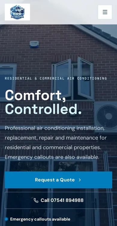 BRR Air Conditioning Services website on a mobile phone
