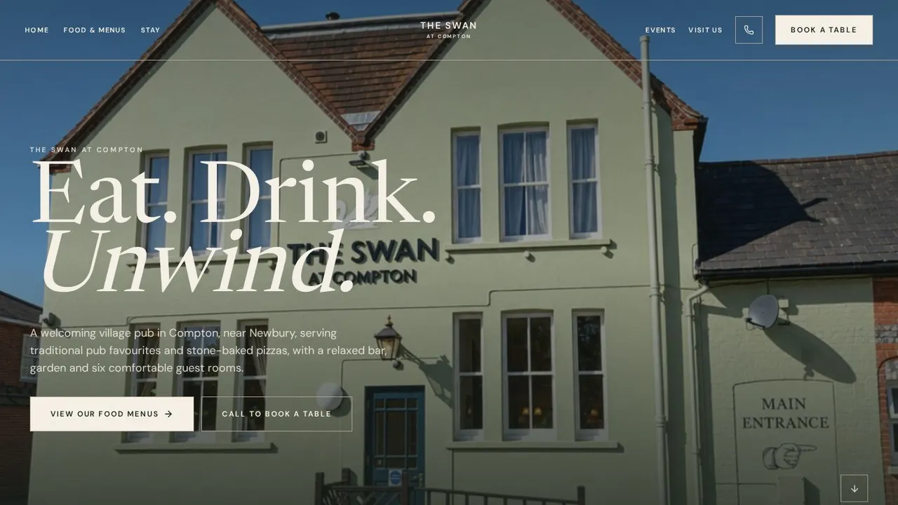 Homepage of the The Swan at Compton website on desktop